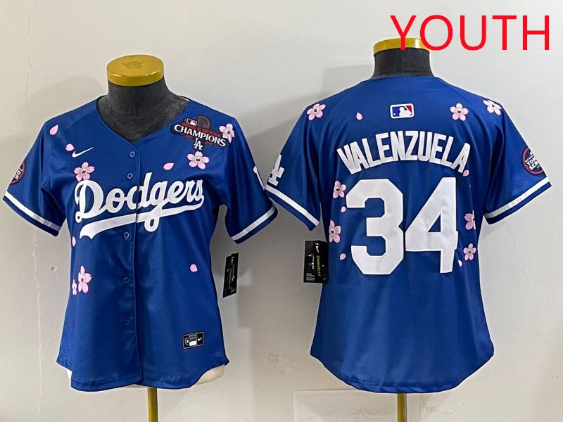 Youth Los Angeles Dodgers #34 Valenzuela Blue Sakura Edition 2025 Nike MLB Jersey style 35->youth mlb jersey->Youth Jersey